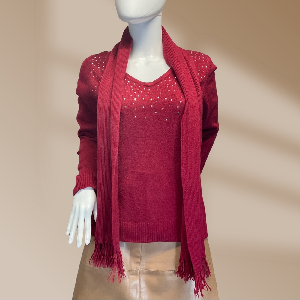 Carolyn Taylor Women's Red Sweater Studded Embellishments Detachable Scarf Sz M